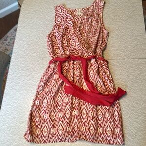 Pink Owl red/off-white faux wrap dress. Sleeveless w/ a ribbon tie. Size Large.